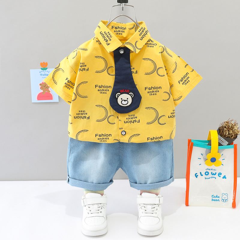 ST544 - Set Quần Áo Sơ Mi Cộc Tay Cho Bé Kèm Nơ Cà Vạt - Màu Vàng