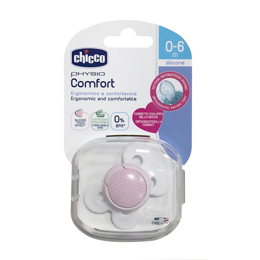 Ty ngậm Silicon Chicco Physio Comfort màu hồng kèm hộp 0 - 6M
