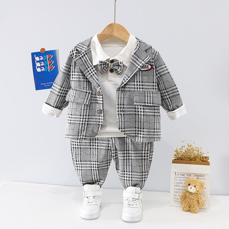 V507 - Set Đồ Vest Cho Bé Trai Thanh Lịch Kèm Nơ - Caro Xám Trắng