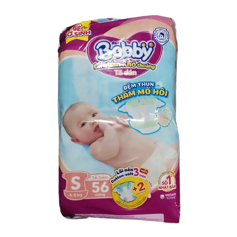 Bỉm - Tã dán Bobby Fresh Siêu Mỏng Size S - 56 miếng tặng 2 miếng (4 - 8kg)