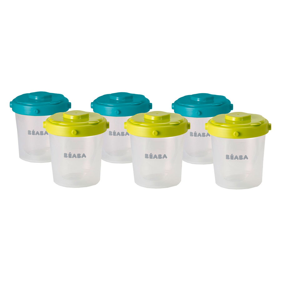 Bộ 6 hộp chia thức ăn size 200ml Béaba 3 nắp màu xanh dương 3 nắp màu xanh lá
