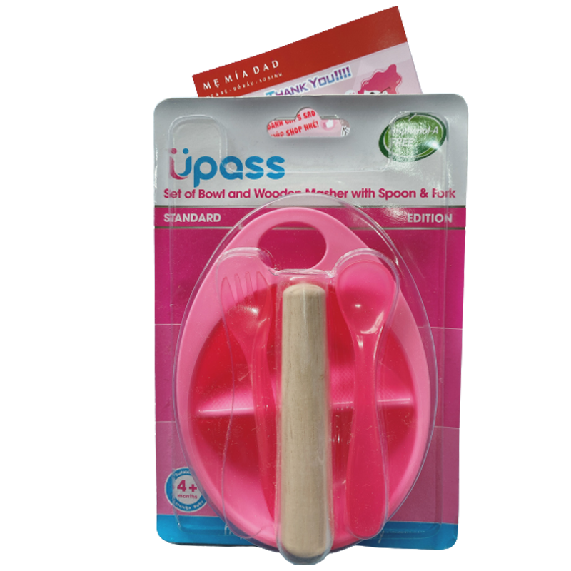 Bộ bát và dụng cụ nghiền thức ăn bằng gỗ Upass (kèm thìa và dĩa) màu hồng