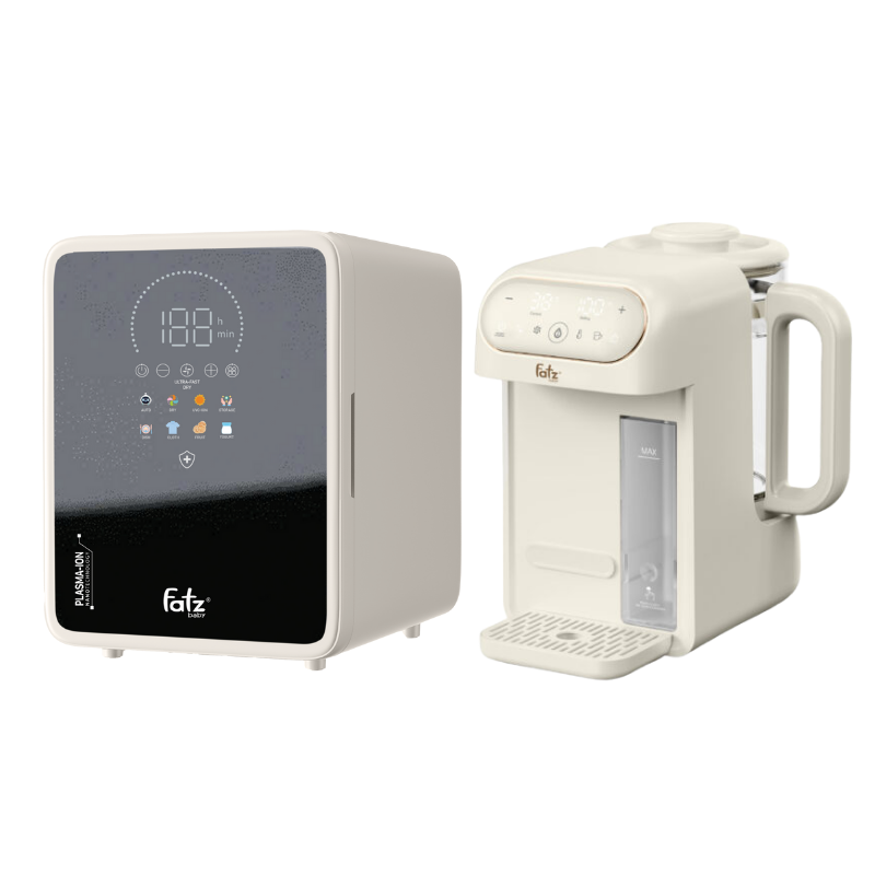 Combo Máy Tiệt Trùng Sấy Khô Khử Mùi UVC-LED Công Nghệ Nano Plasma Ion Fatzbaby PLASMAX 9 + Máy Đun Và Hâm Nước Pha Sữa Thông Minh Tiện Lợi Fatzbaby Smart 12 Plus