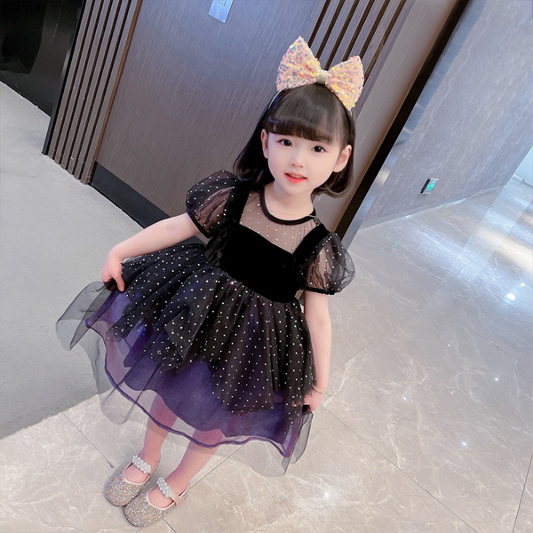 DV540 - Đầm Babydoll Họa Tiết Chấm Bi Màu Đen Cho Bé Gái