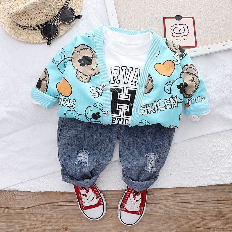 ST519 - Set Quần Jean, Áo và Áo Khoác Kiểu Họa Tiết Gấu - Màu Xanh