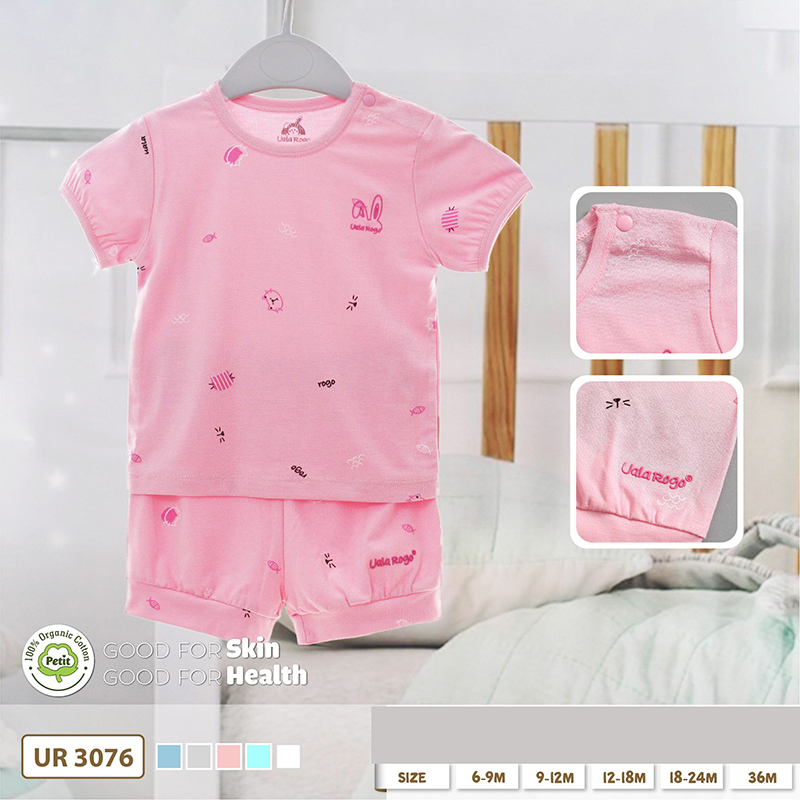 UR3076.3 - Bộ ngắn tay cài nút vai cho bé vải petit - Màu hồng