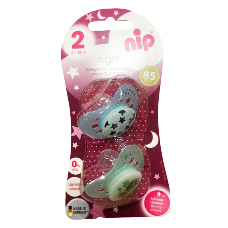 Bộ 2 ty ngậm phát sáng ban đêm Nip Night Số 2, Bằng Silicon - Màu xanh dương, xanh lá