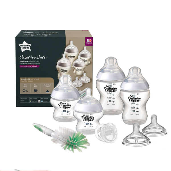 Bộ bình sữa sơ sinh Newborn ty siêu mềm tự nhiên Tommee Tippee Closer to Nature (bao gồm: 2 bình 260ml, 2 bình 150ml, 1 ty ngậm 0-6 tháng, 2 núm ty thay thế Slow Flow, 1 cọ rửa bình sữa và núm ty)