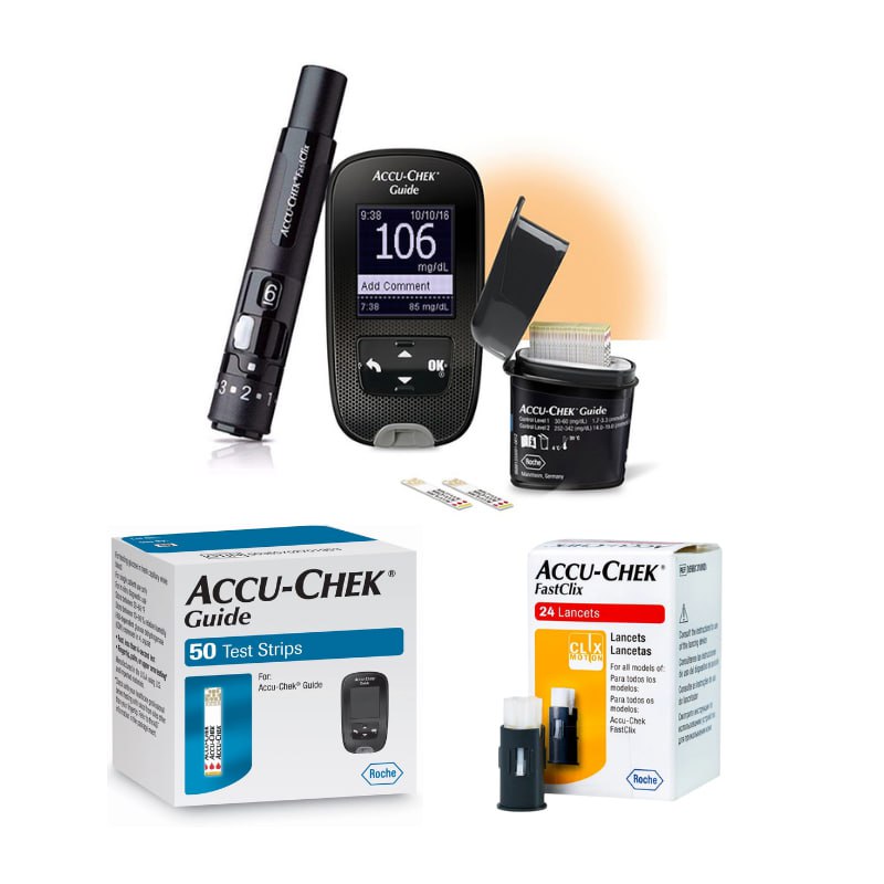 Combo Máy Đo Đường Huyết Accu-Chek Guide + Que Thử Đường Huyết Accu-Chek Guide (50 Que) + Kim Lấy Máu Accu-Chek FastClix (24 Cái)