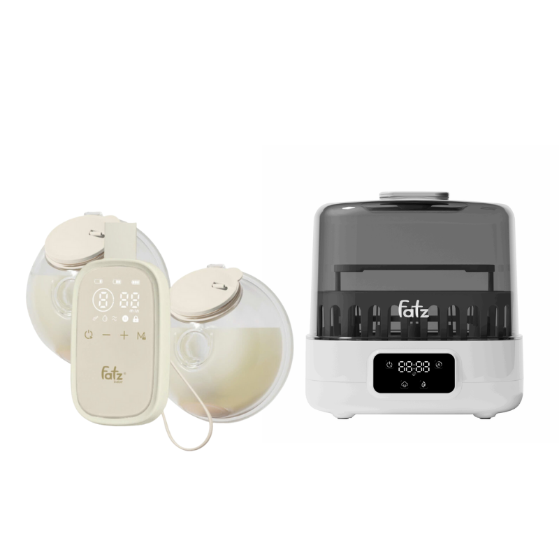 Combo Máy Hút Sữa Điện Đôi Rảnh Tay Fatzbaby TwinFree 5 + Máy Tiệt Trùng Hơi Nước Sấy Khô Siêu Tốc Thông Minh Fatzbaby Sumo 7 Plus