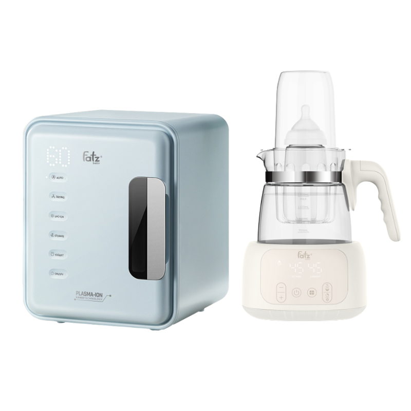 Combo Máy Tiệt Trùng Sấy Khô Khử Mùi Fatzbaby UVC-LED Công Nghệ Nano Plasma Ion PLASMAX 6 + Máy Đun Và Hâm Nước Pha Sữa Điều Khiển Từ Xa Thông Minh Fatzbaby Quick 16 Plus