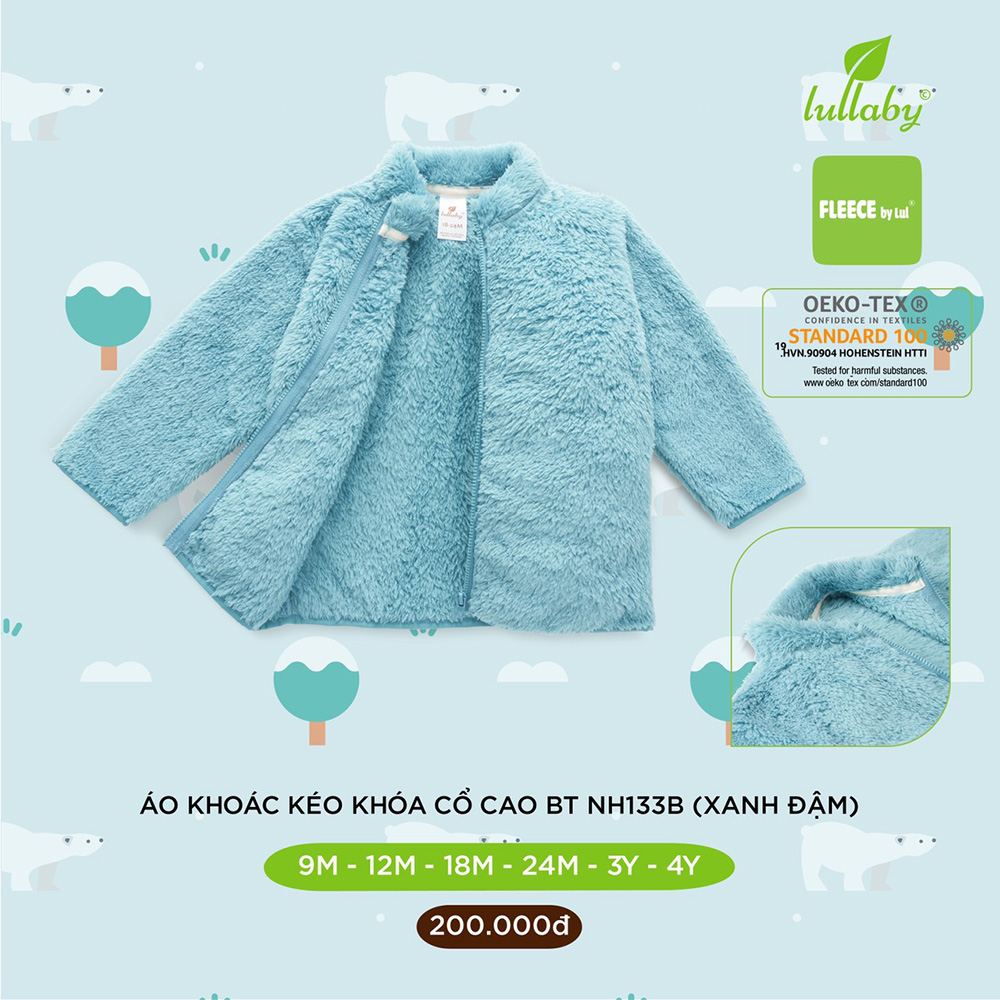 NH133B.2 - Áo khoác lông cho bé trai kéo khóa cổ cao Lullaby màu xanh đậm