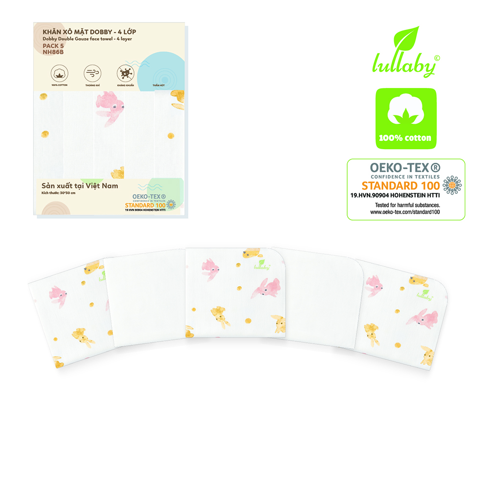 NH86B.1 - Khăn xô mặt Dobby 4 lớp Lullaby màu trắng họa tiết thỏ