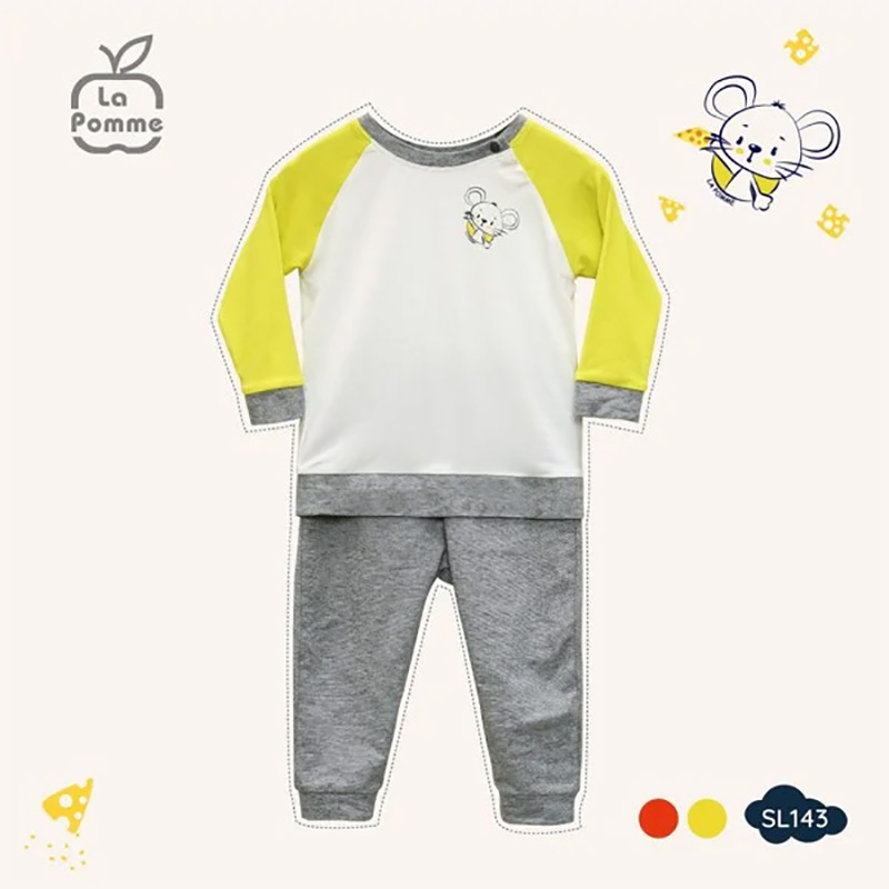 SL143.2 - Bộ quần áo dài tay Bambo La Pomme in hình Chú Chuột Tinh Nghịch - Trắng cốm