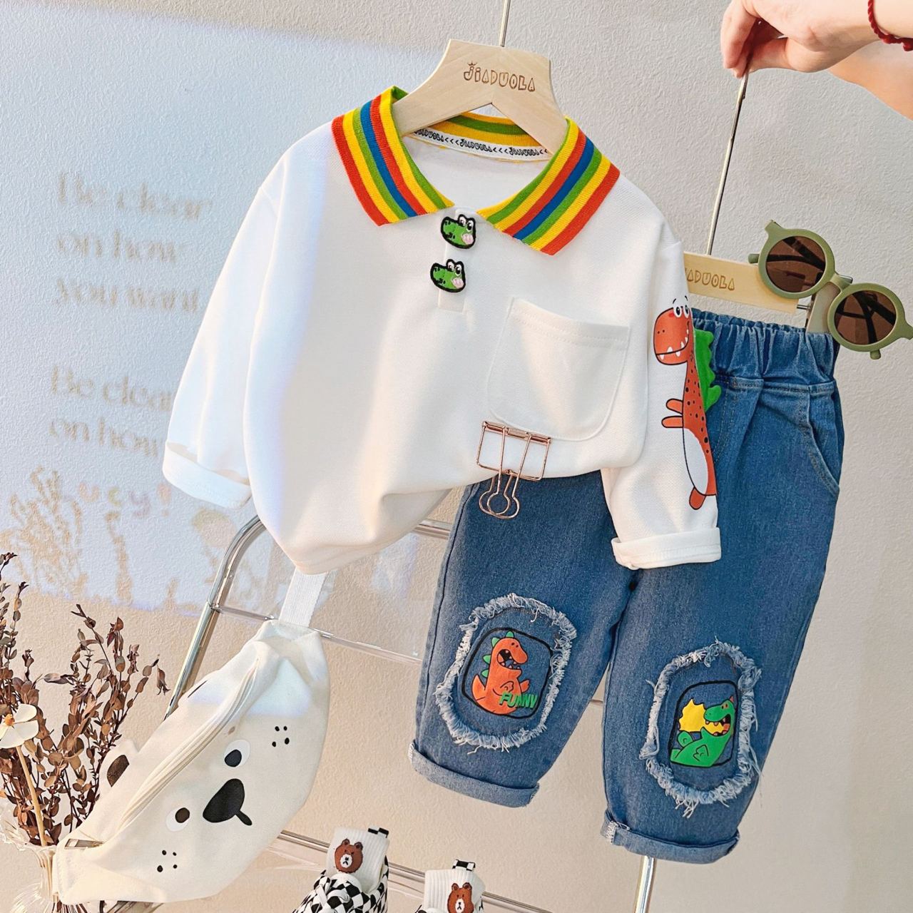 ST534 - Set Quần Jean và Áo Polo Dài Tay Cho Bé - Màu Trắng