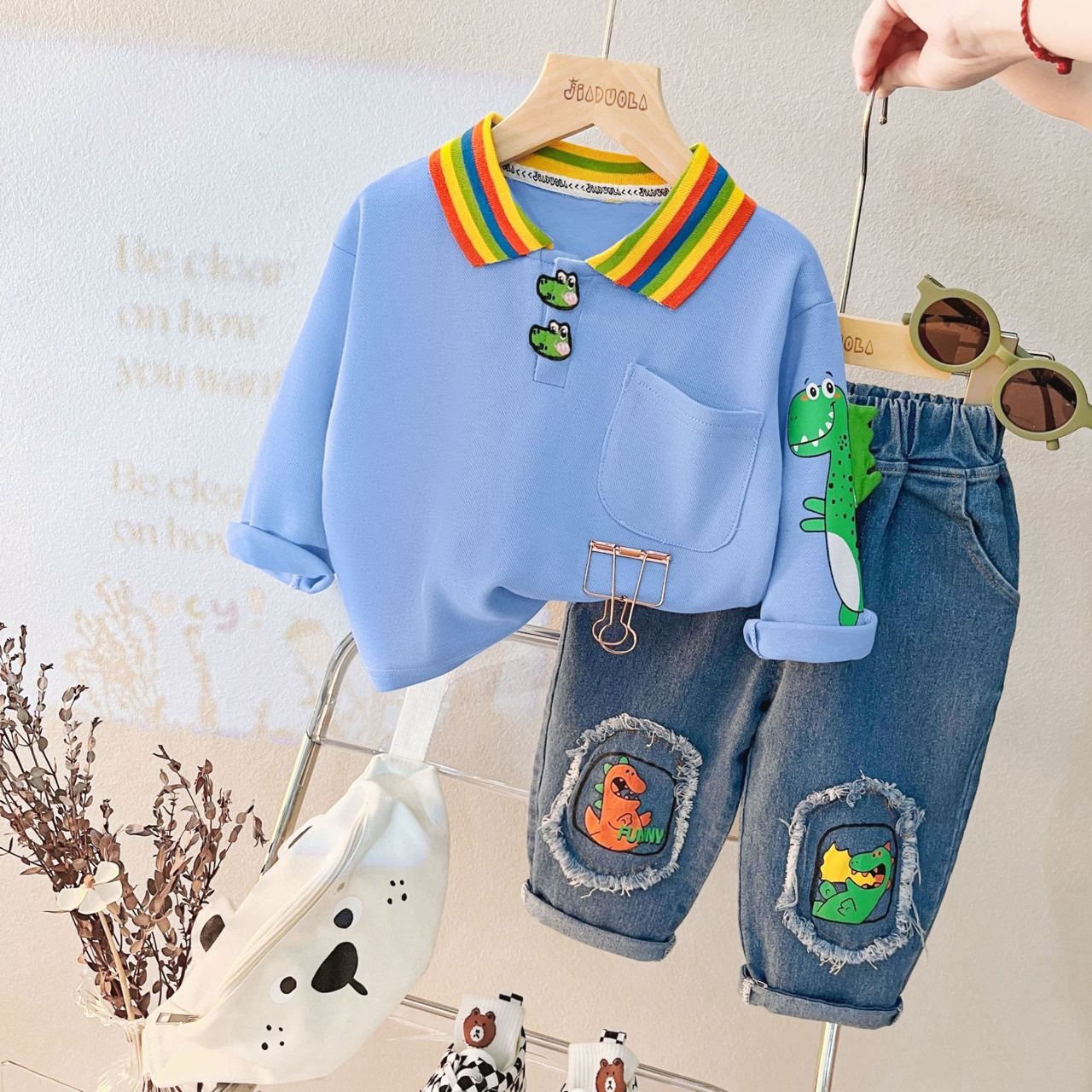 ST535 - Set Quần Jean và Áo Polo Dài Tay Cho Bé - Màu Xanh