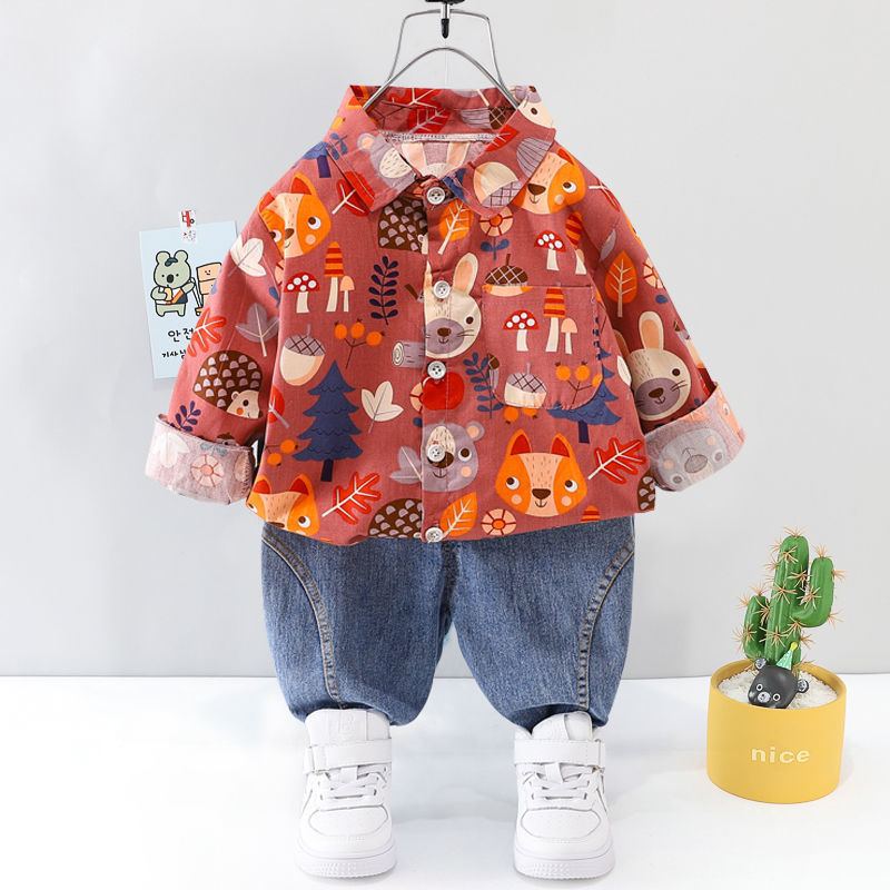 ST545 - Set Quần Jean Và Áo Sơ Mi Dài Tay Cho Bé Hoạ Tiết - Màu Đỏ