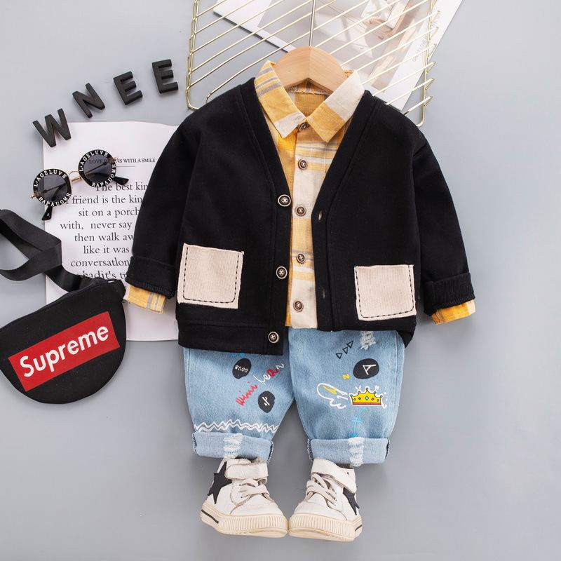 ST561 - Set Quần Jean, Áo Sơ Mi Và Áo Khoác Có Túi Cho Bé Trai - Màu Đen