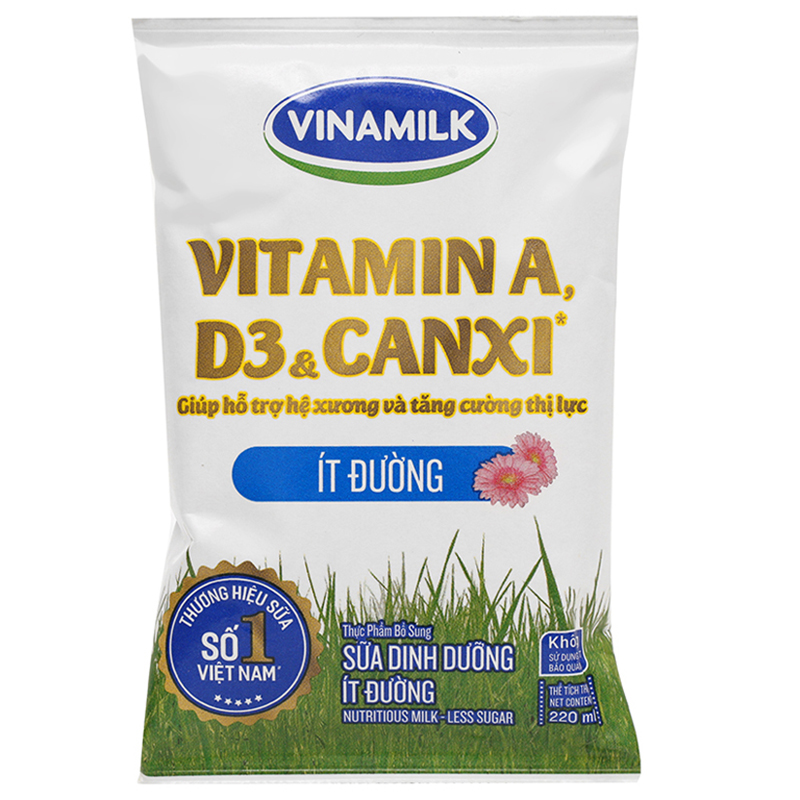 Sữa dinh dưỡng Vinamilk ít đường bịch 220ml