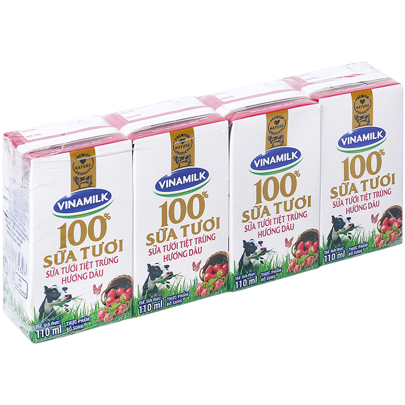 Sữa tươi tiệt trùng Vinamilk 100% hương dâu - Lốc 4 hộp 110ml
