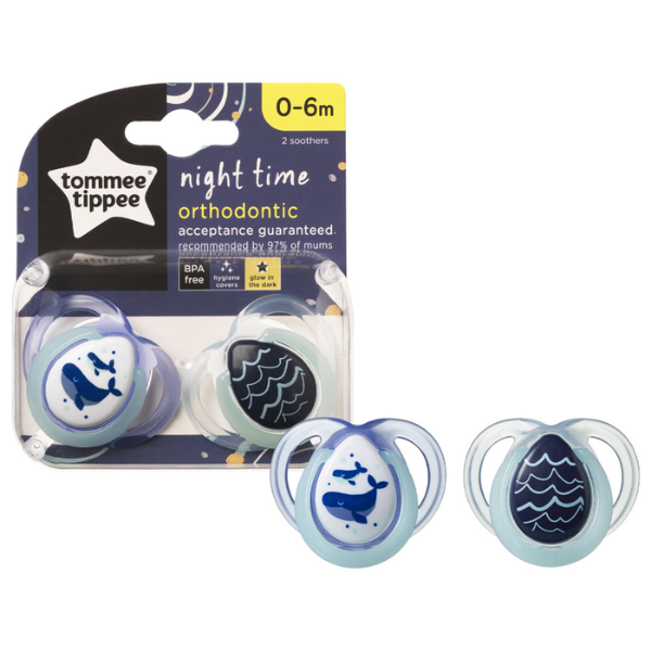 Ty ngậm dạ quang cho bé Tommee Tippee Night Time 0-6 tháng (vỉ đôi) – Cá Voi