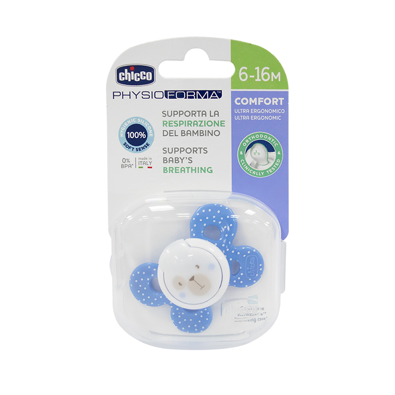Ty ngậm silicon Chicco Physio Comfort có hộp 6M+ (6-16M) màu xanh