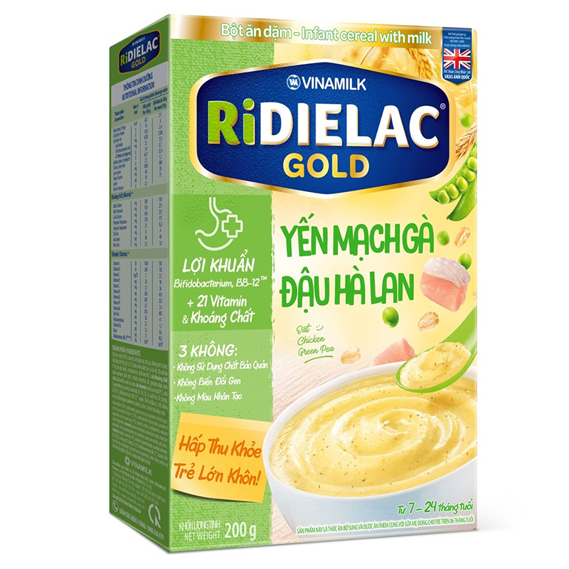Bột ăn dặm Ridielac Gold yến mạch gà đậu hà lan - Hộp giấy 200g