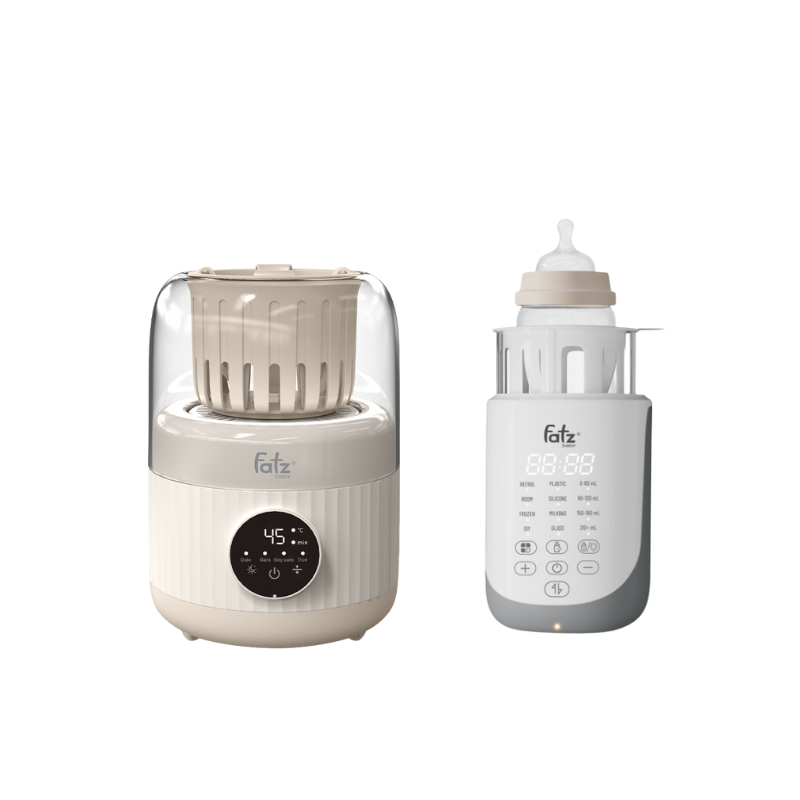Combo Máy Lắc Sữa Và Hâm Sữa Bằng Khí Nóng Shake 5 Plus + Máy Hâm Sữa Siêu Tốc Thông Minh Fatzbaby Mono 17