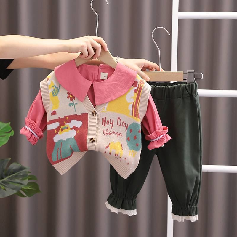 SG528 - Set Quần,  Áo Sơ Mi Tay Dài Cổ Sen Và Áo Gile Cho Bé Gái