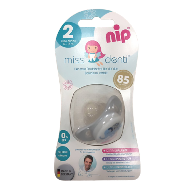Ty ngậm chuyên dùng chỉnh nha NIP Miss Denti bằng silicon cỡ 2 (cho bé mọc răng cửa đầu tiên) - Màu xám