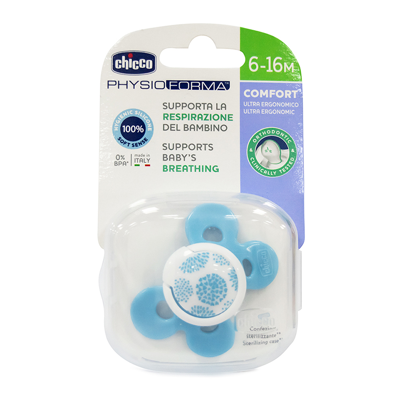 Ty ngậm silicon Chicco Physio Comfort có hộp 6M+ (6-16M) xanh