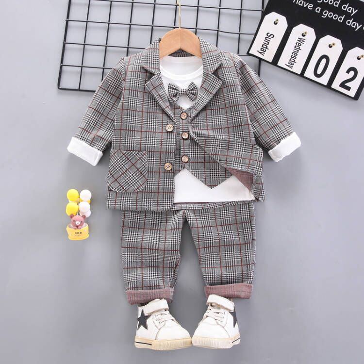 V515 -  Set Đồ Vest Kèm Áo Gile Có Nơ Lịch Lãm Cho Bé Trai - Sọc Nâu