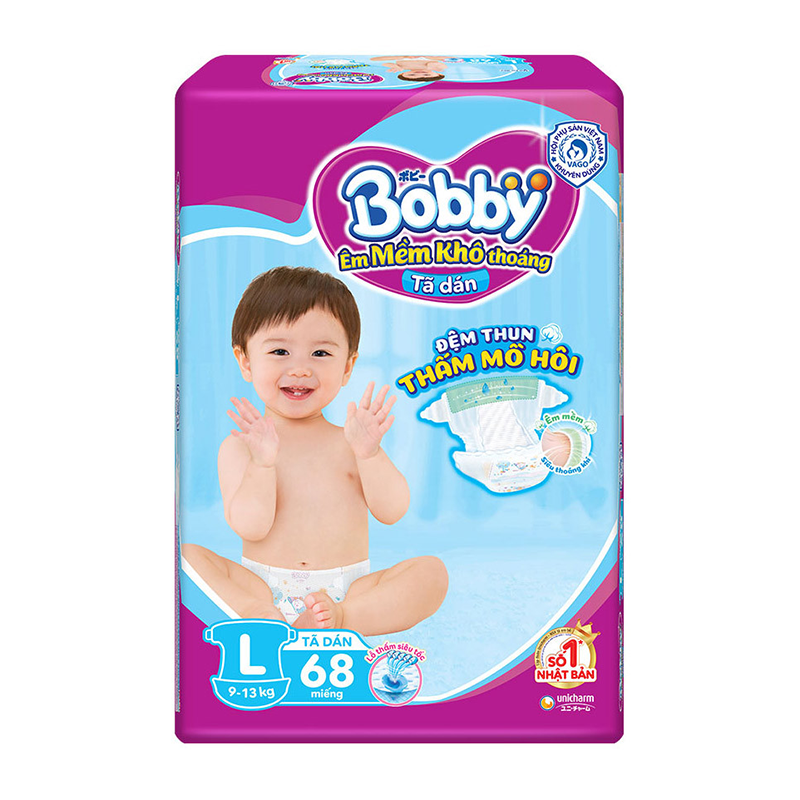 Bỉm - Tã dán Bobby Fresh Siêu Mỏng Size L - 68 miếng (9 - 13kg)