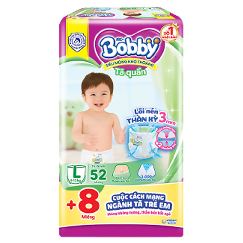 Bỉm - Tã quần Bobby Lõi Nén Thần Kỳ Size L - 52 miếng tặng 8 miếng (9 - 13kg)