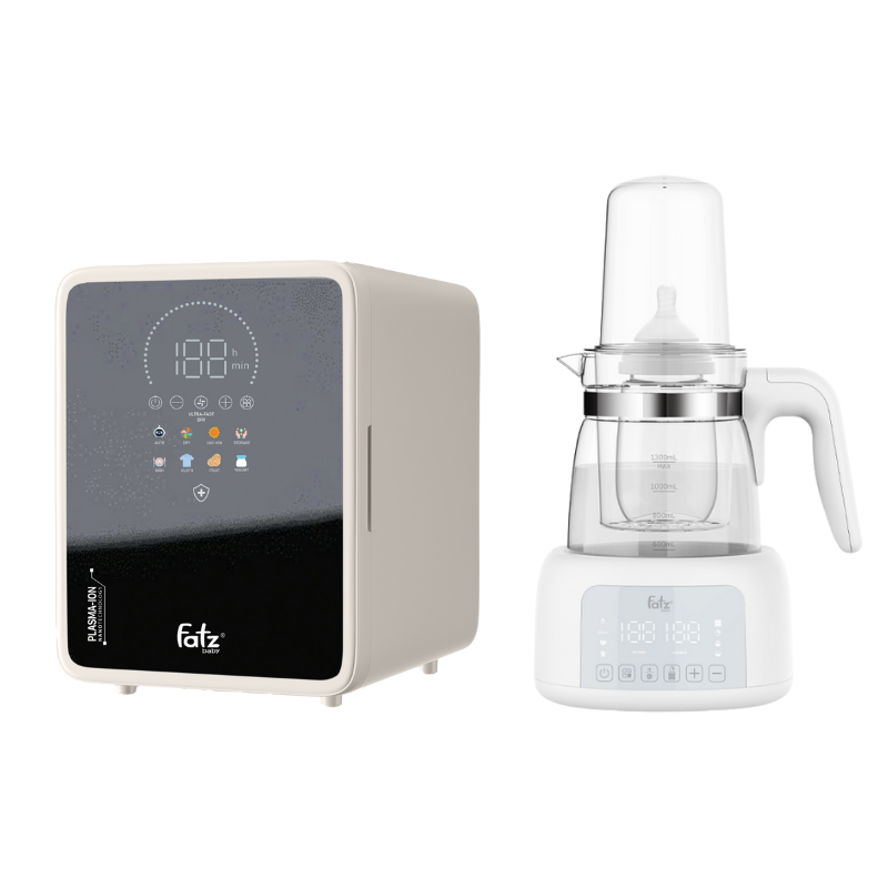 Combo Máy Tiệt Trùng Sấy Khô Khử Mùi UVC-LED Công Nghệ Nano Plasma Ion Fatzbaby PLASMAX 9 + Máy Đun Và Hâm Nước Pha Sữa Fatzbaby Quick 12 Plus+
