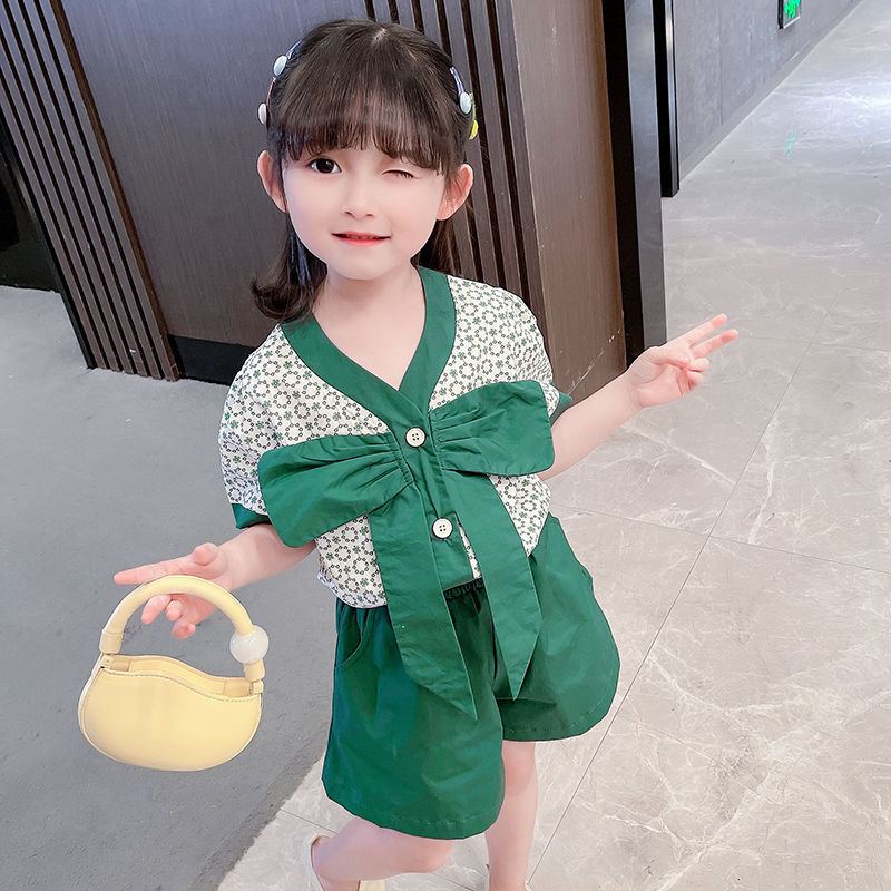 SG522 - Set Quần Short, Áo Có Nơ Trước Ngực Phong Cách Cho Bé Gái