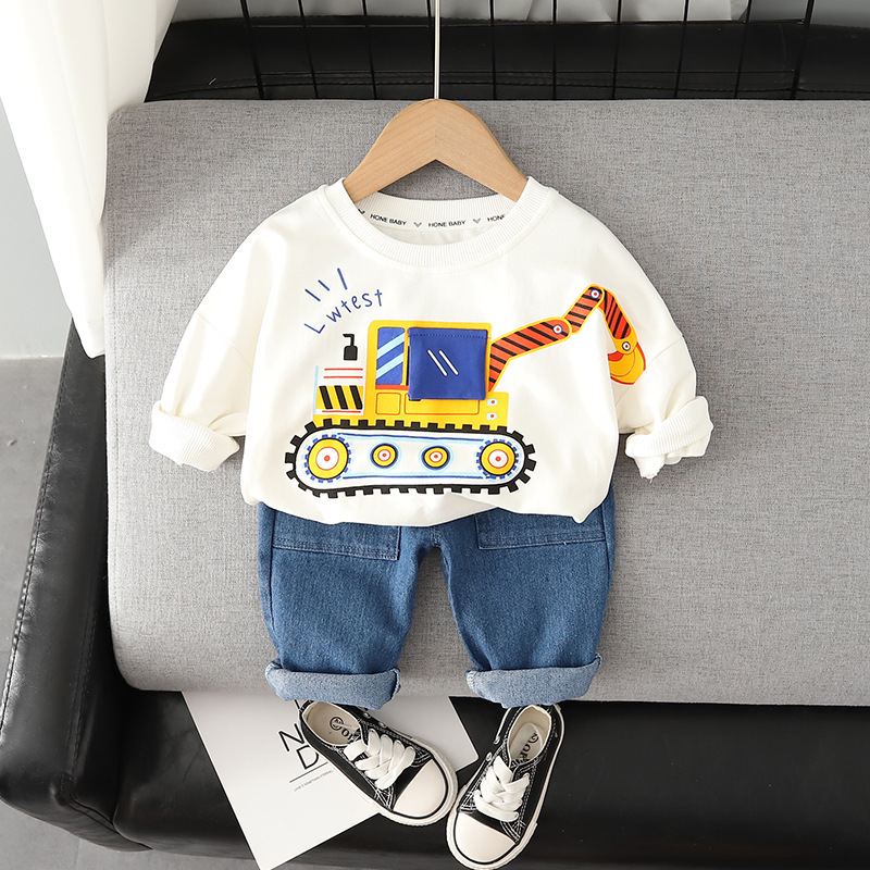 ST507 - Set Quần Jean Và Áo Dài Tay Bé Trai Họa Tiết Xe Cần Cẩu - Màu Trắng