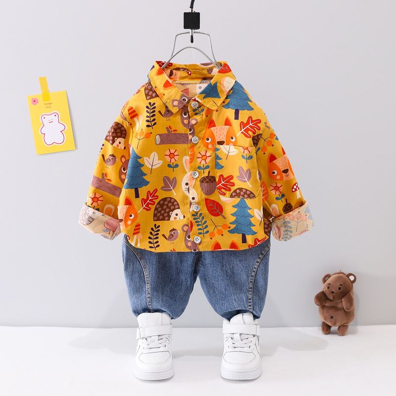 ST527 - Set Quần Jean Và Áo Sơ Mi Dài Tay Cho Bé Hoạ Tiết - Màu Vàng