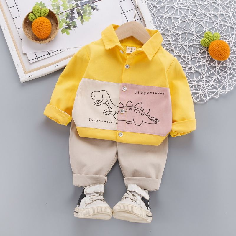 ST540 - Set Quần Áo Sơ Mi Dài Tay Khủng Long - Màu Vàng