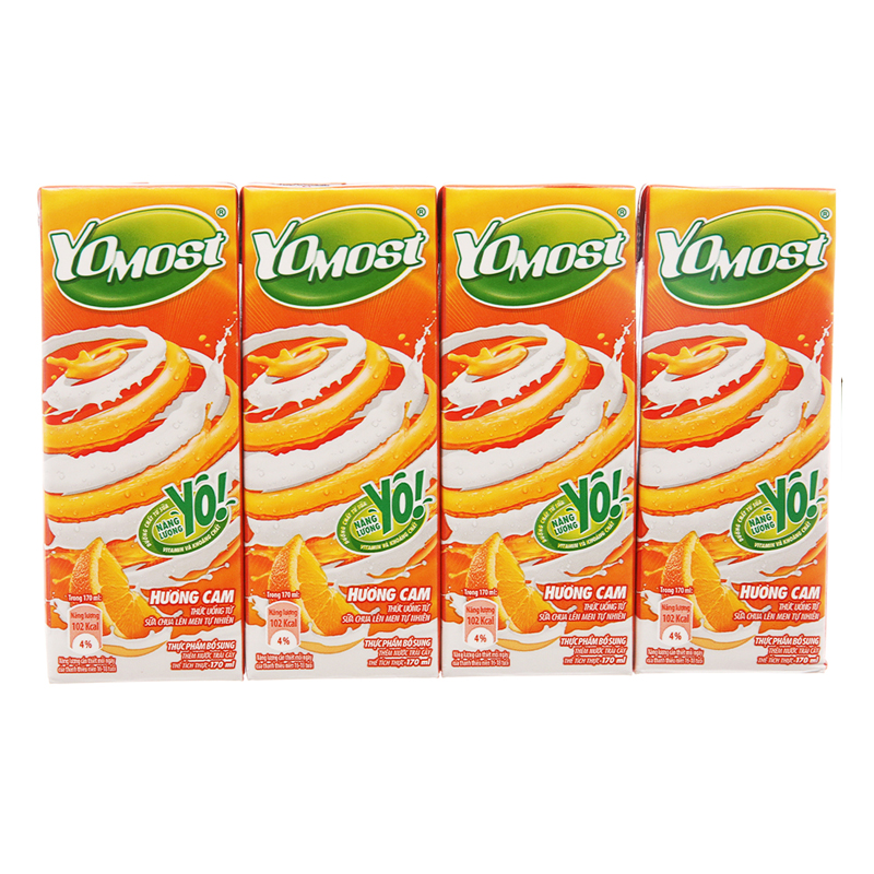 Sữa chua uống lên men tự nhiên YoMost hương cam - Lốc 4 hộp 170ml
