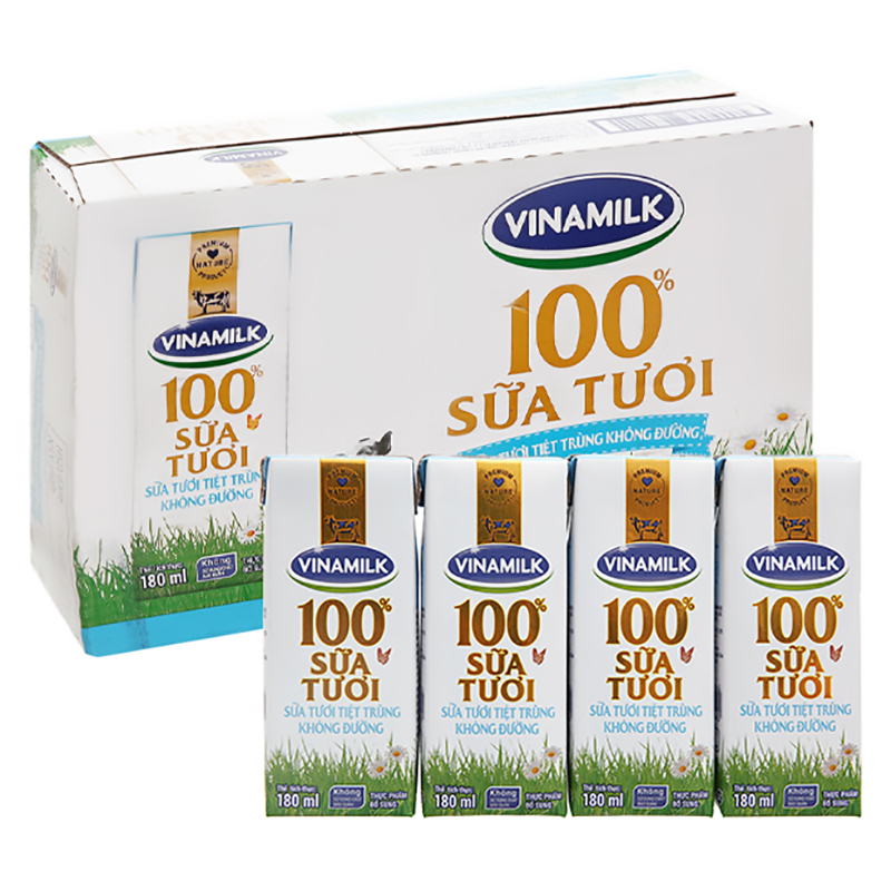 Sữa tươi tiệt trùng Vinamilk 100% không đường 180ml - Thùng 48 hộp