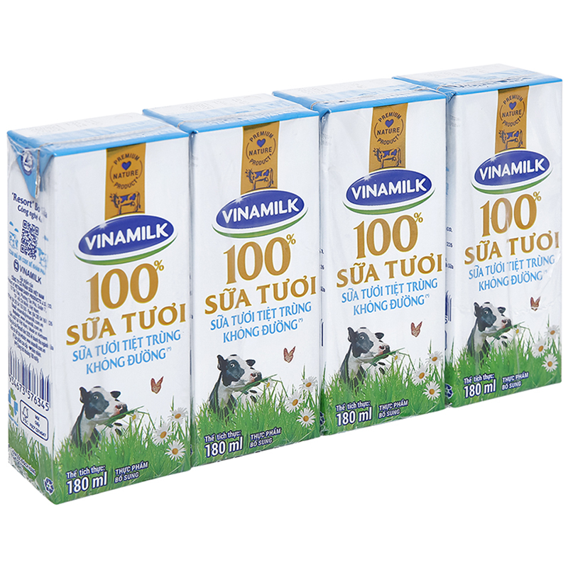 Sữa tươi tiệt trùng Vinamilk 100% không đường - Lốc 4 hộp 180ml
