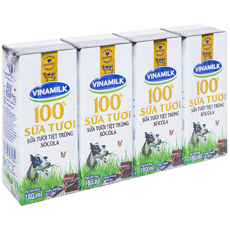 Sữa tươi tiệt trùng Vinamilk 100% socola - Lốc 4 hộp 180ml