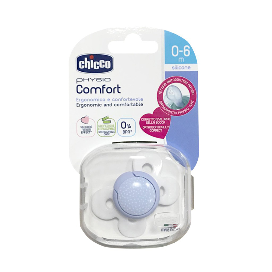 Ty ngậm Silicon Chicco Physio Comfort màu xanh kèm hộp 0 - 6M