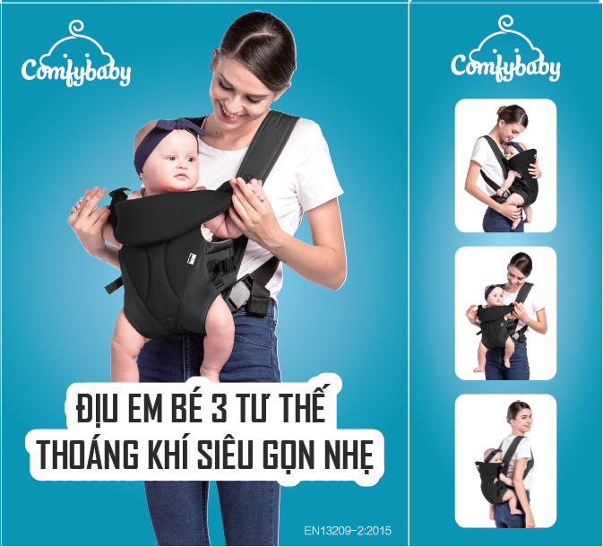 Địu em bé 3 tư thế thoáng khí siêu gọn nhẹ Comfy Baby - BK010 màu ghi
