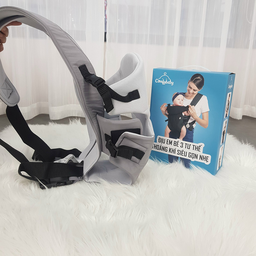 Địu em bé 3 tư thế thoáng khí siêu gọn nhẹ Comfy Baby - BK010 màu ghi