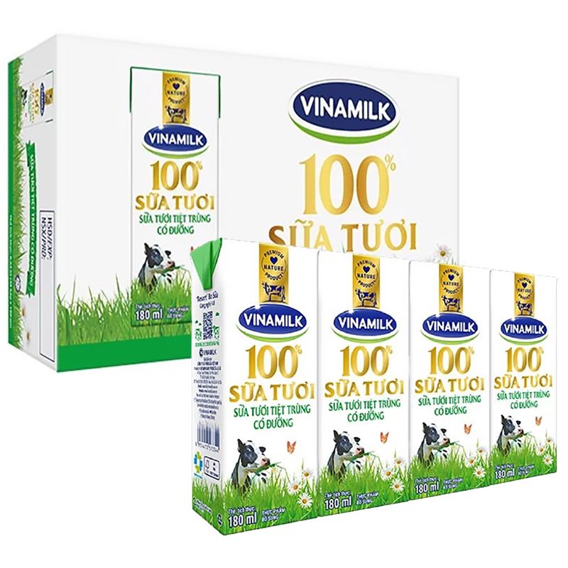Sữa tươi tiệt trùng Vinamilk 100% có đường 180ml - Thùng 48 hộp