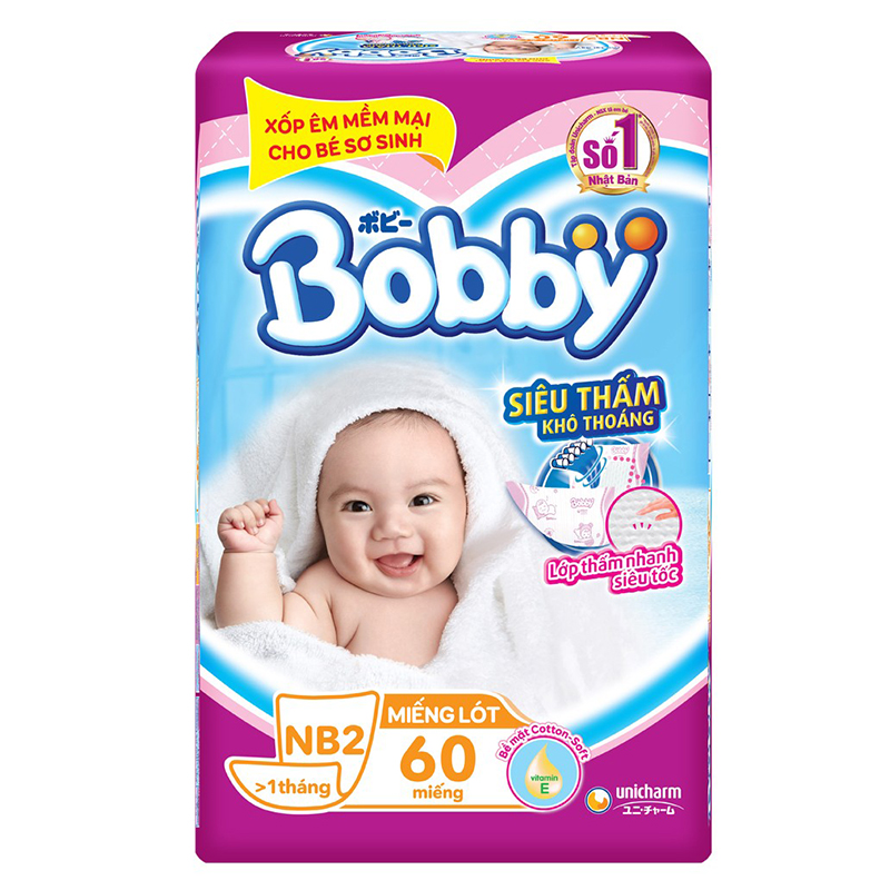 Bỉm - Miếng lót sơ sinh Bobby size Newborn 2 -  60 miếng (Cho trẻ trên 1 tháng tuổi)