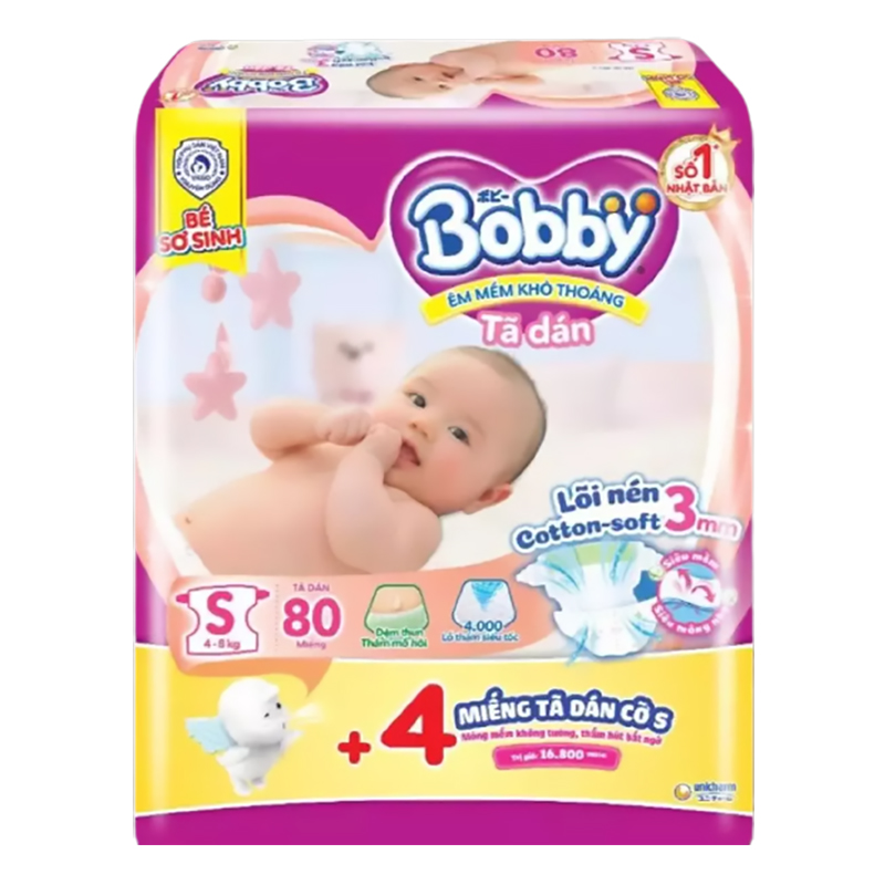 Bỉm - Tã dán Bobby Fresh Siêu Mỏng size S - 80 miếng tặng 4 miếng (4 - 8kg)