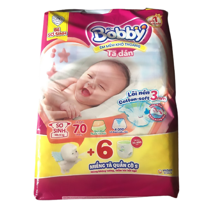 Bỉm - Tã dán Bobby Siêu Mỏng Sơ Sinh NB - 70 miếng tặng 6 miếng tã quần (Cho bé < 5kg)